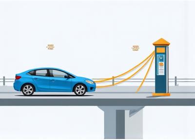 Ilustración de un TAG de telepeaje electrónico y un vehículo pasando por una caseta de cobro.