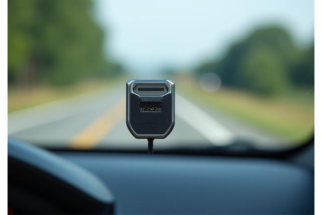 Dispositivo TAG de telepeaje correctamente colocado en el parabrisas de un coche.
